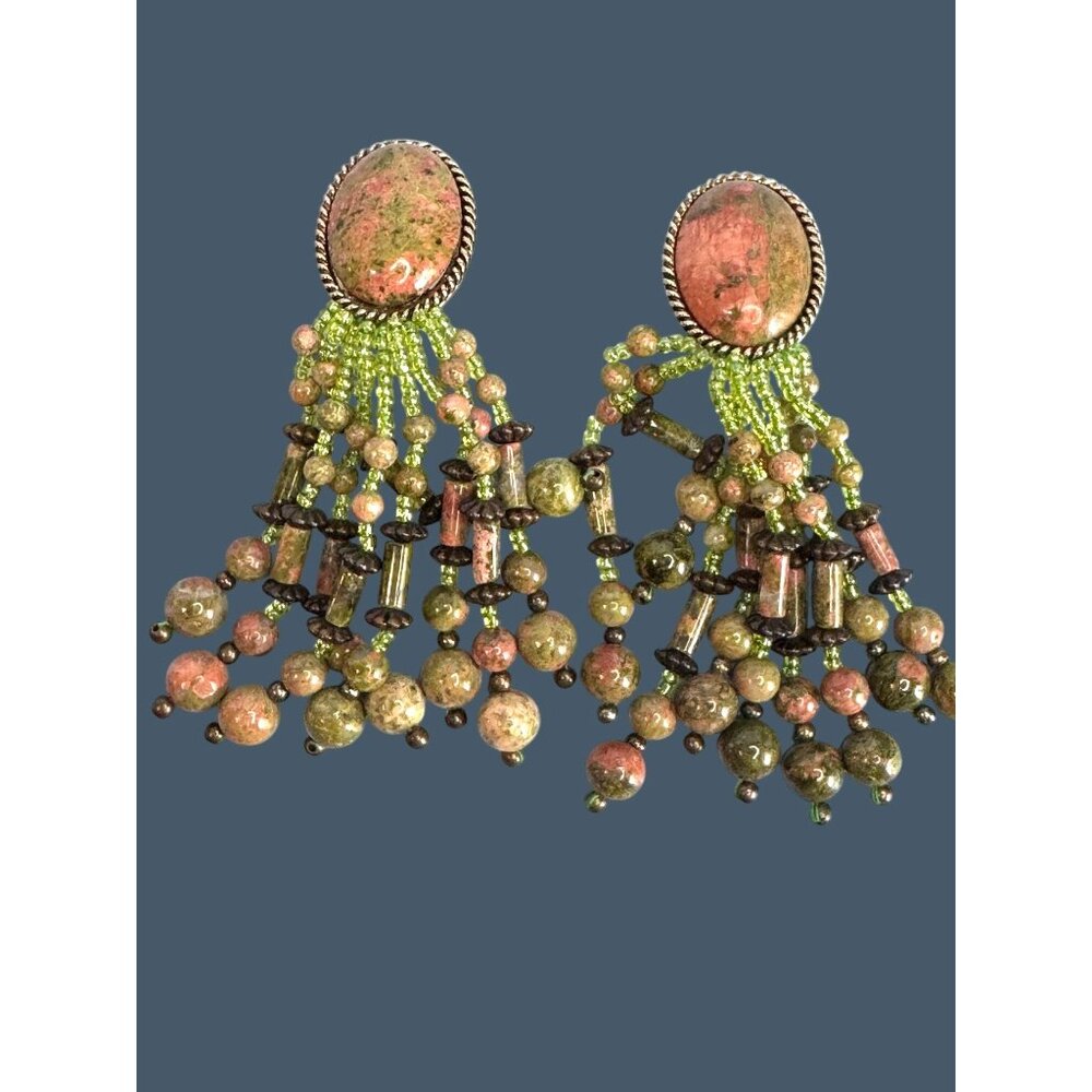 Vintage Unakite Stone Clip-On Earrings Dangling Beaded Tassel Multicolor - Picture 2 of 7